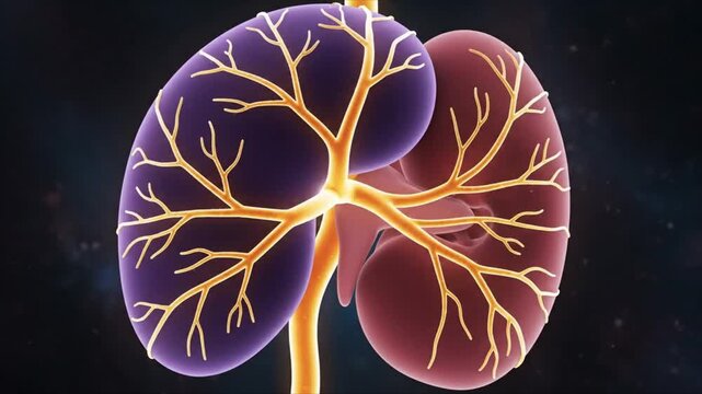 Anatomical illustration of human kidneys with blood vessels and ureters in a medical context