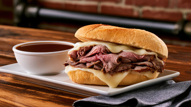 premium french dip sandwich with rich au jus