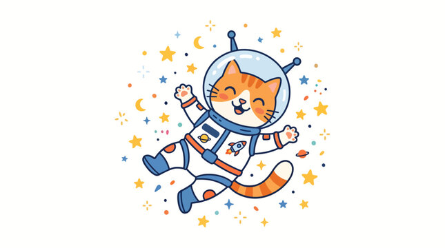 Cartoon cat in space suit flying.