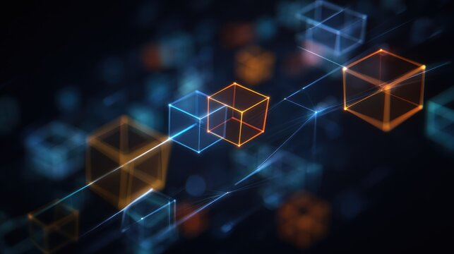 Glowing geometric cubes form a connected digital network structure in darkness