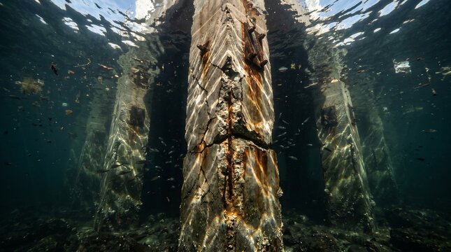 Underwater perspective showing concrete foundation pillars submerged in floodwater with visible structural damage. Ideal for engineering assessments, infrastructure reports, and coastal vulnerability 