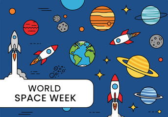 Colorful cartoon space scene with rockets and planets © Danil