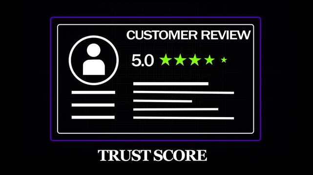 Animated customer review trust score featuring five star rating system and user profile for digital marketing, e-commerce feedback, business reputation management, and online service validation