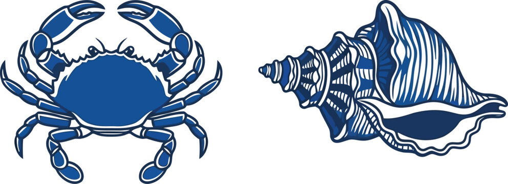 Blue crab and conch shell graphic against white background with clean lines for summer beach themes