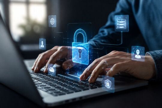 AI generated cybersecurity concept showing secure digital protection laptop encrypted access privacy defense modern data security technology