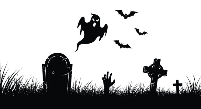 Spooky halloween silhouette scene showing a graveyard with tombstones, a haunting ghost, flying bats, and a zombie hand rising from grass.