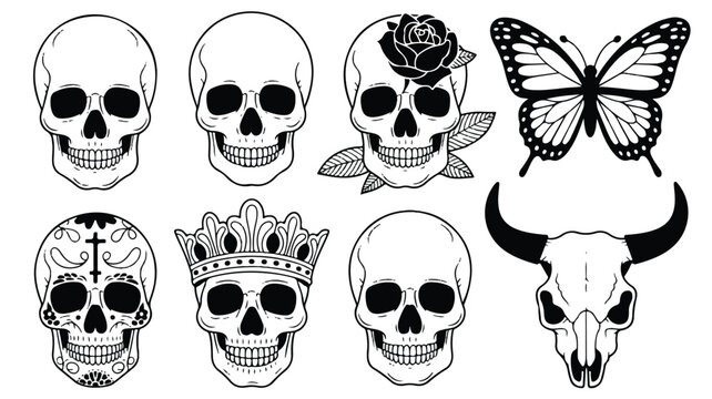 An illustration depicts multiple skulls and a bull head alongside a butterfly.