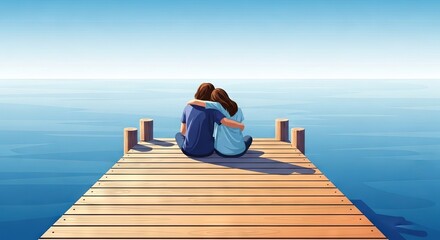 Fototapeta premium A clean vector illustration depicting a peaceful scene on a wooden pier by the calm blue water during a serene and quiet bonding moment, waterfront, waves, evening