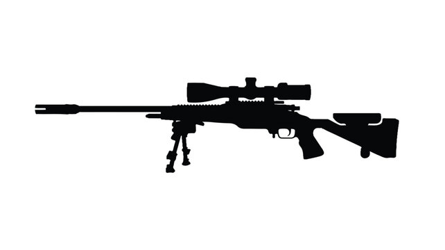 A black silhouette of a rifle with scope and stock on a white background