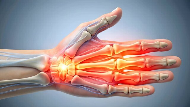 3D medical anatomical visualization of a human hand showing joint pain and inflammation in the wrist and finger bones