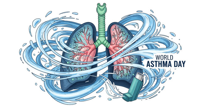 World Asthma Day conceptual illustration with human lungs and medical inhaler on blue swirls