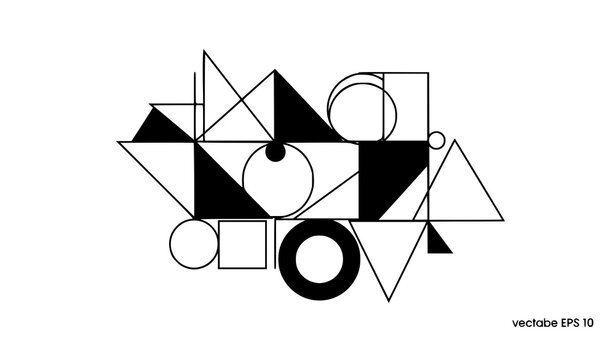 Abstract geometric composition vector illustration featuring intersecting triangles circles and lines in minimalist black and white art style isolated on white background
