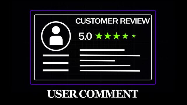 Animated five star customer review rating interface with user comment box and feedback score display for digital marketing, e-commerce analytics, and online business reputation management