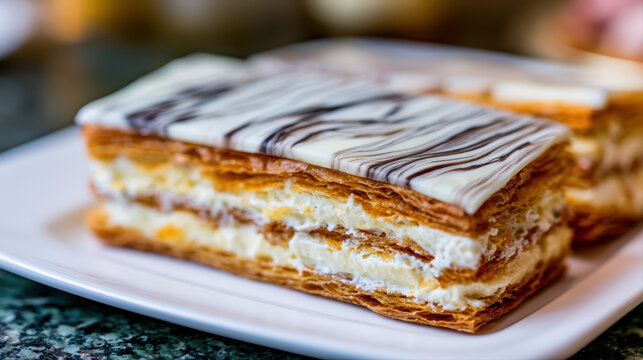 transparent layers of french mille-feuille dessert photography