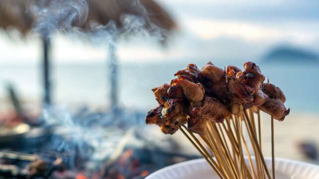 thai grilled pork neck moo ping food photography