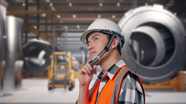 Close Up Side View Of Asian Male Engineer With Safety Helmet Thinking And Looking Around Then Raising His Index Finger While Standing at Heavy Factory with Large Turbine Components