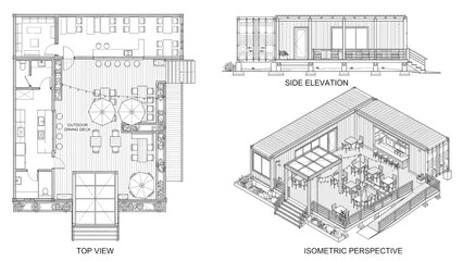 Fototapeta premium Shipping Container Architecture: Detailed architectural drawings showcase a modern dwelling or commercial space constructed from repurposed shipping containers. CAD Blocks Icon Sheet Vector