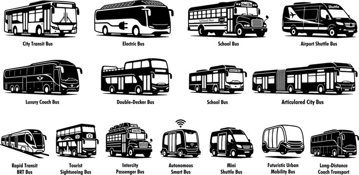 Set of various types of buses including city transit school coach double decker and autonomous smart shuttle vehicles in a black and white graphic illustration style