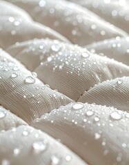 Naklejka premium A close-up view of a white, tufted surface covered in water droplets