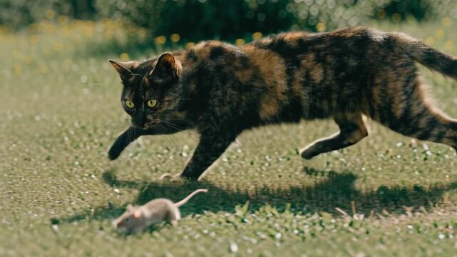 Cat hunting mouse in grass outdoor nature scene stalking predator mammal alert paw reaching forward in wild green grass hunting mouse