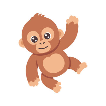 Cute cartoon monkey vector illustration in a playful dancing pose with one arm raised, cheerful expression, flat design style, and simple geometric shapes isolated background