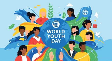 Fototapeta premium Colorful illustration of diverse youth celebrating World Youth Day