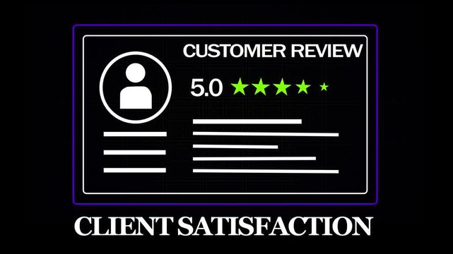 Animated client satisfaction customer review interface with five star rating system and user profile for digital marketing, e-commerce business analytics, and corporate feedback presentation