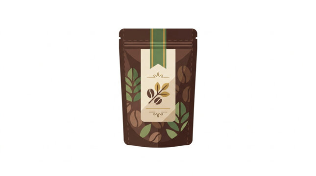 Brown resealable pouch filled with coffee beans.