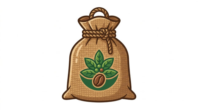 Burlap sack with coffee beans and green leaves emblem.