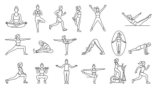 Fitness Poses Collection: A collection of diverse fitness poses depicted in a minimalist line drawing style, showcasing various exercises for strength, flexibility. CAD Blocks Icon Sheet Vector