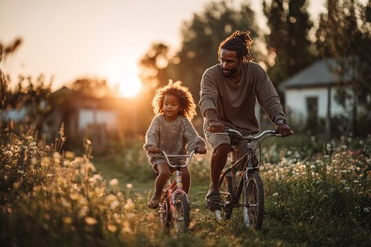 father and daughter enjoying sunset bike ride