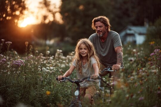 father and daughter enjoying sunset bike ride