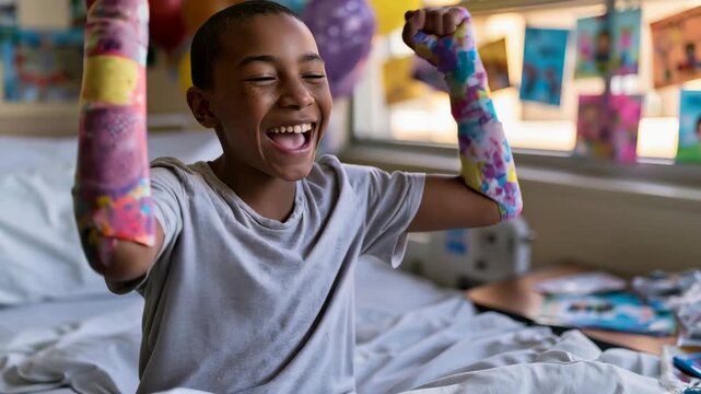 Child sits on hospital bed and smiles with colorful bandages on both arms while surrounded by decorations and colorful drawings made by friends