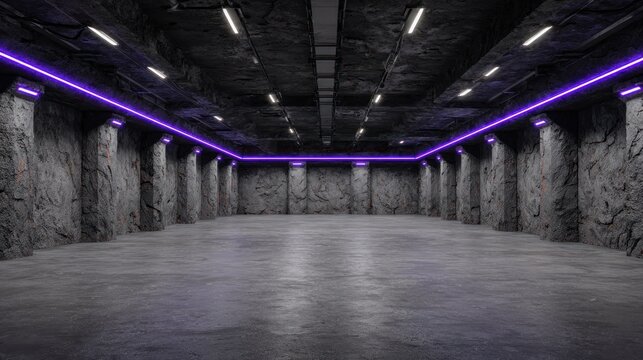 Underground concrete hall illuminated by striking purple neon lights and overhead fixtures