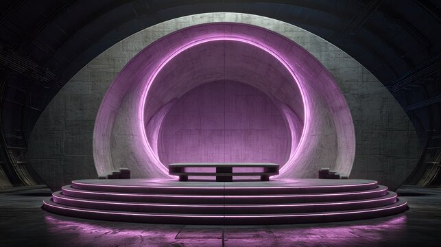 Futuristic illuminated podium structure features glowing magenta accents within a concrete archway