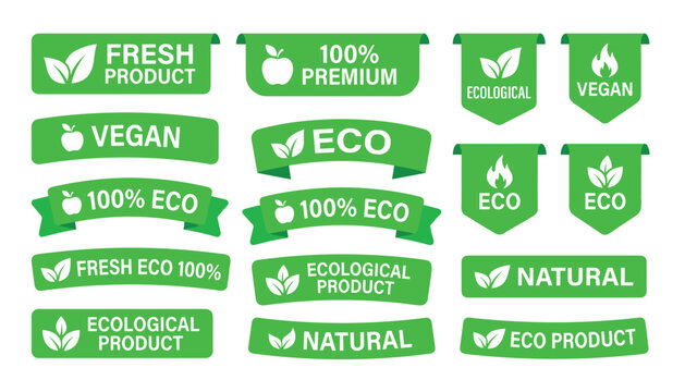 Green eco friendly label ribbon vector set. Vegan certified tags, natural organic product stickers, ecological packaging emblems, fresh quality badges.