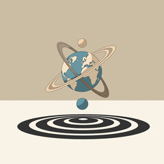 Earth Planet Orbiting with Moons and Rings. © Tri