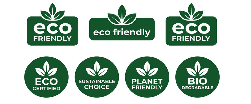 Eco friendly label badge vector set. Green leaf icons, sustainable planet certified stickers, biodegradable product packaging symbols and organic conservation emblems.