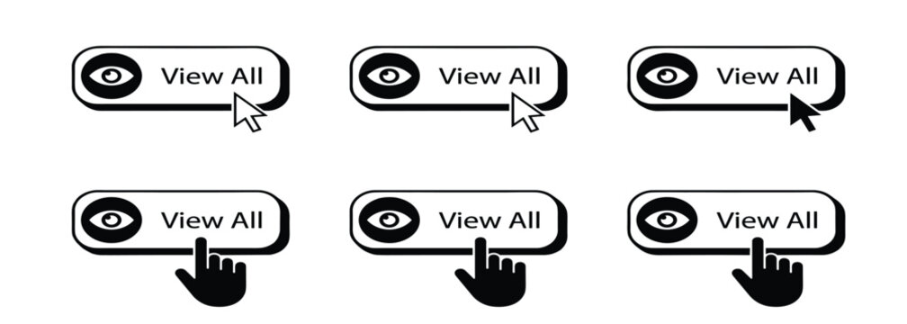 View all button icon set. Website interface buttons, eye symbol, mouse cursor arrow, clicking hand pointer, drop shadow and internet navigation elements.