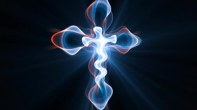 Abstract glowing cross crucifix spiritual light art, blue red neon energy swirl black background, mystical christian worship symbol, sacred faith