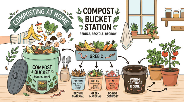 Composting at home with bucket station.