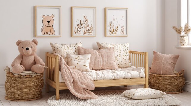 Cozy nursery corner features wooden daybed adorned with soft pillows and botanical artwork