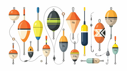 Colorful fishing buoys on hooks. © baiti
