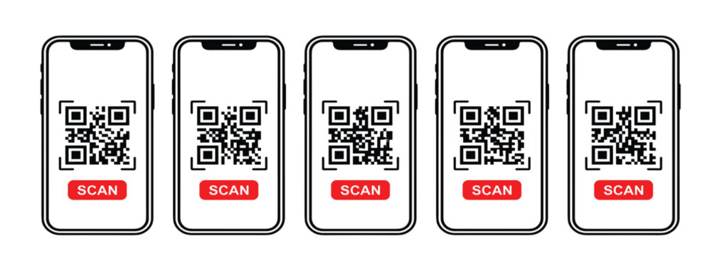 Smartphone QR code scan icon. Mobile device screen, bar code scanner, digital verification button, data transfer, payment option and technology mockup.