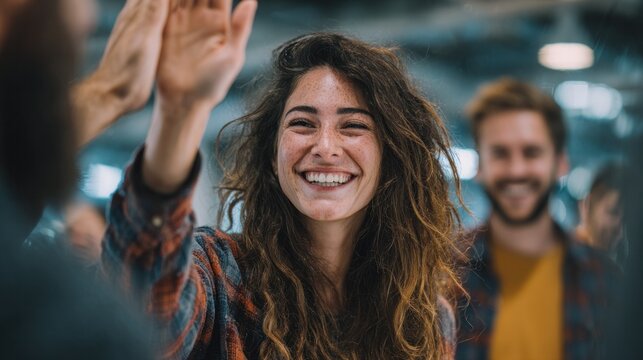 happy friends giving high five at party