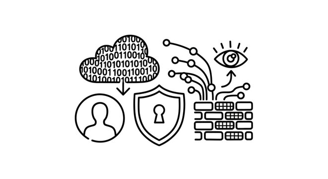Outline icons representing cloud data security, user privacy, and digital surveillance with binary code and firewall elements on an isolated white background.