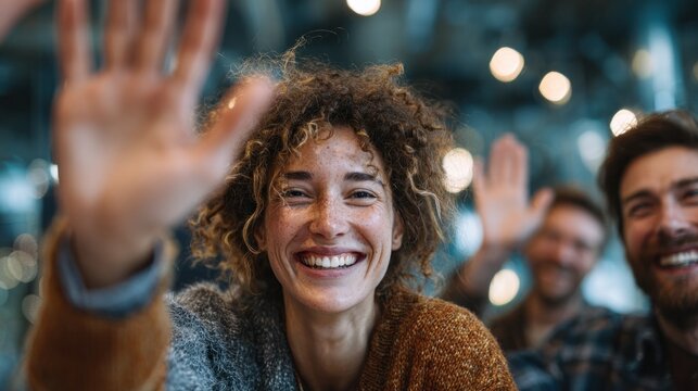 happy friends waving hands together