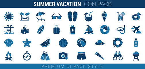 Summer vacation icons set featuring beach activities travel essentials tropical items and sunny holiday leisure objects flat. © Nahida