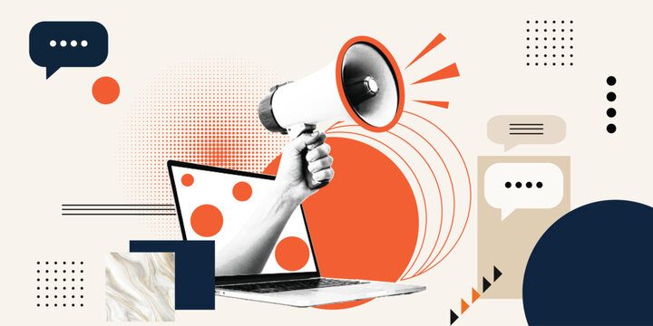 Hand Holding Megaphone Coming Out of Laptop Screen Halftone Collage Digital Marketing Banner on Beige Background