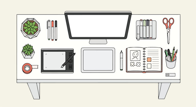 A cluttered desk with office supplies and a computer monitor